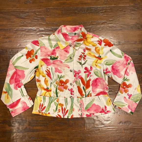 Chico's Jackets & Blazers - Chico's White Cotton Stretch Collared Blazer w/ Watercolor Floral Print Size 0
